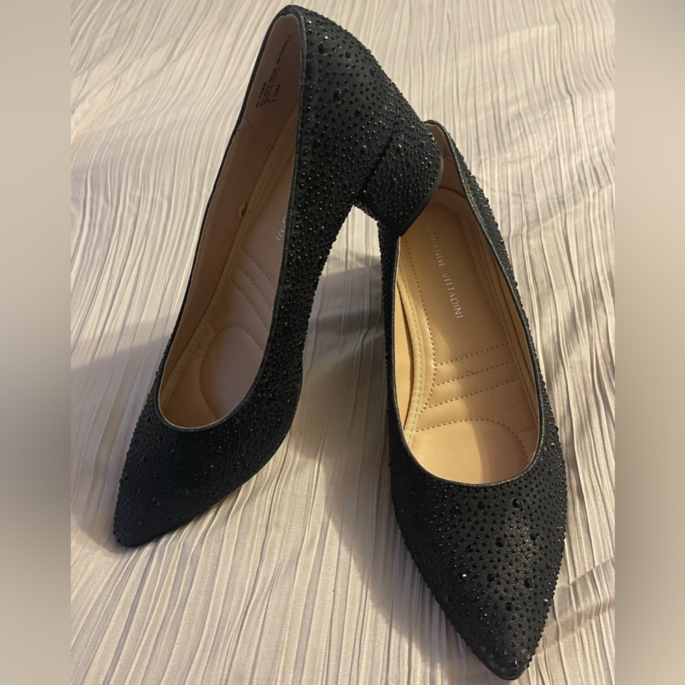 Adrienne Vittadini Fiona black sparkle jeweled‎ pumps shoes size 7 1/2